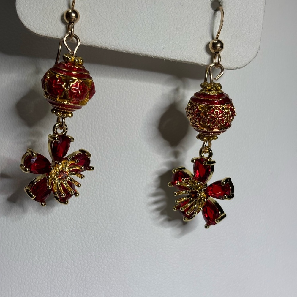 Red and Gold Cloisonné and Floral Earrings 2 inches - Picture 6 of 7